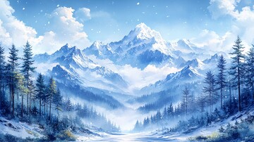 雪山云端水彩画