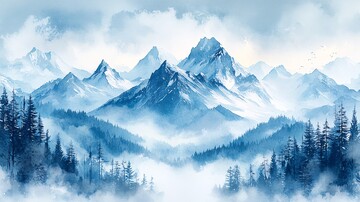 雪山云端水彩图