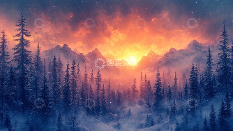 高清大图下载【趣麦麦图】雪山森林黄昏