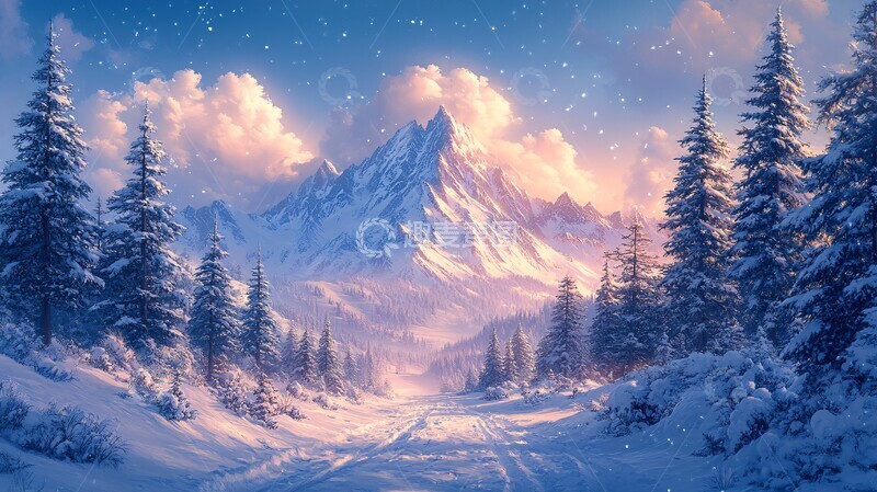 高清大图下载【趣麦麦图】雪地云杉映晚霞