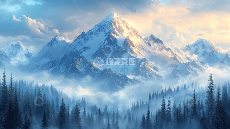 高清大图下载【趣麦麦图】雪峰云海图森林雪地天空