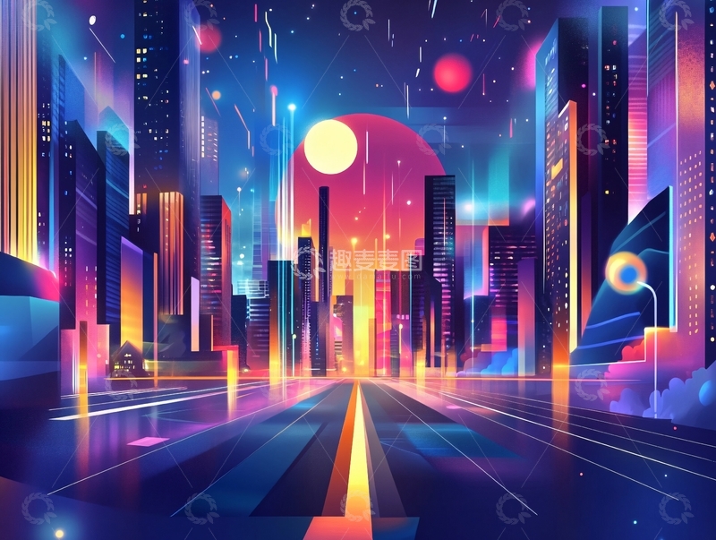 高清大图下载【趣麦麦图】炫彩渐变城市插画7