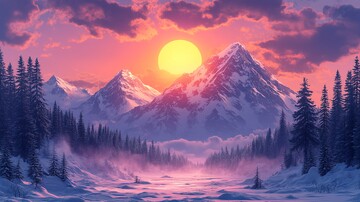 雪山云海夕照图
