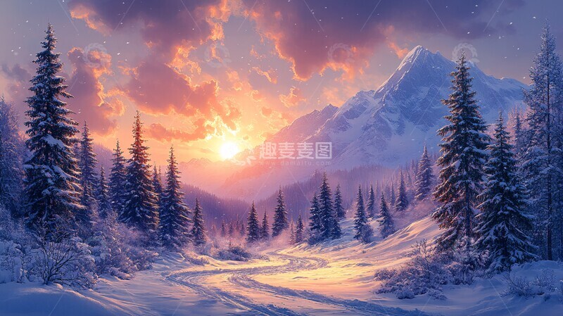 高清大图下载【趣麦麦图】雪地森林与云天