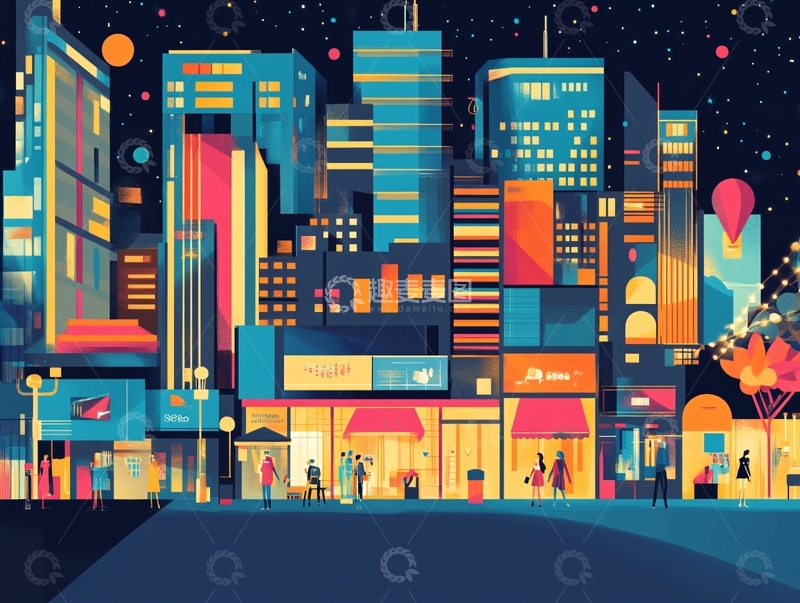 高清大图下载【趣麦麦图】夜市插画