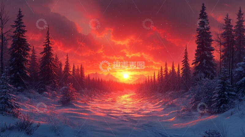 高清大图下载【趣麦麦图】雪岭森林夕照图