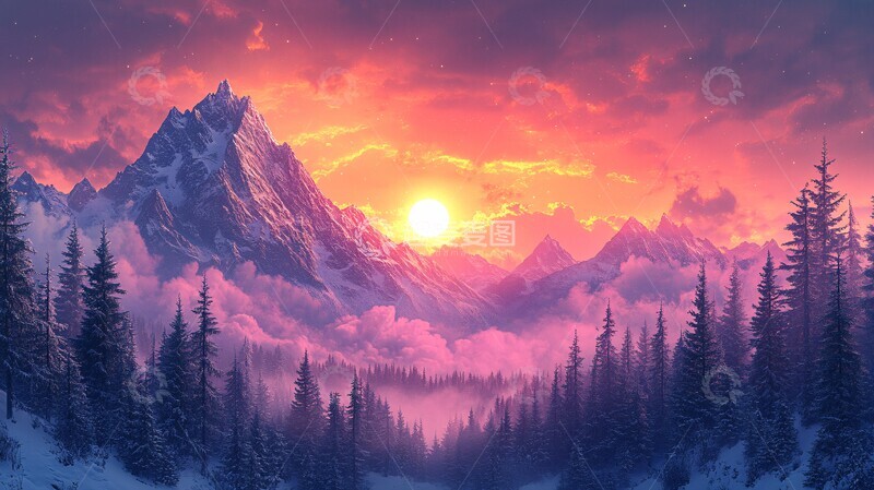 高清大图下载【趣麦麦图】雪山森林夕阳图