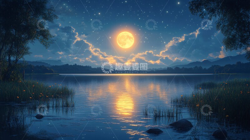 高清大图下载【趣麦麦图】月亮在森林湖背景上的夜空2