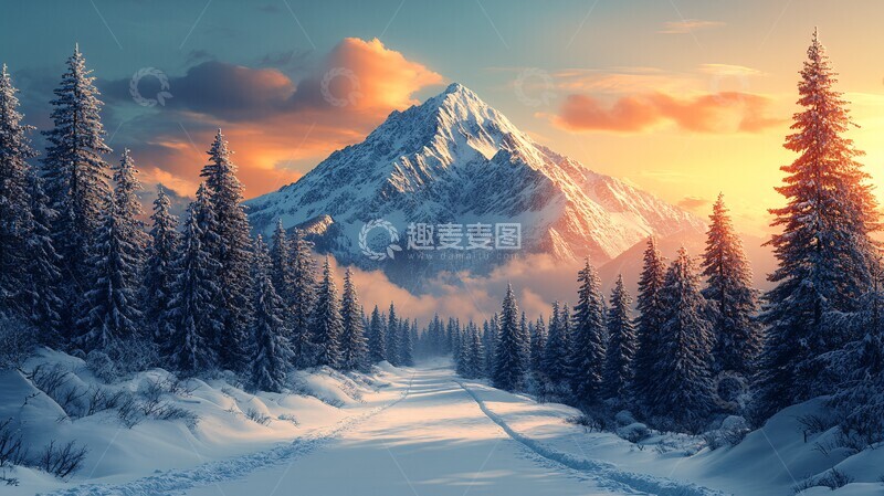 高清大图下载【趣麦麦图】风景主题插画白雪皑皑的山上的树木顶着天空