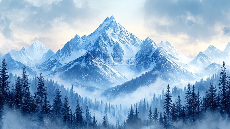 高清大图下载【趣麦麦图】雪山树林晚霞图