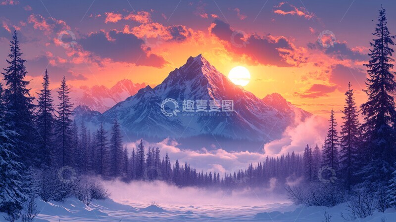 高清大图下载【趣麦麦图】雪山树林云海
