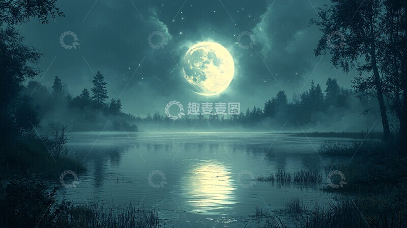 高清大图下载【趣麦麦图】月亮在森林湖背景上的夜空3