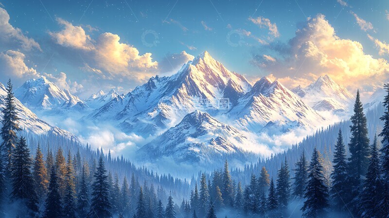 高清大图下载【趣麦麦图】雪山树林云雾