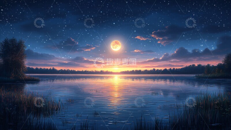 高清大图下载【趣麦麦图】月亮在森林湖背景上的夜空