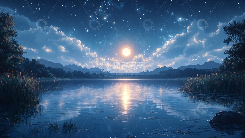 高清大图下载【趣麦麦图】月亮在森林湖背景上的夜空1