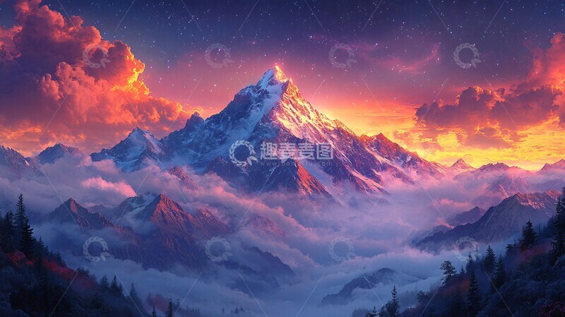 高清大图下载【趣麦麦图】山顶的夜景背景插画2