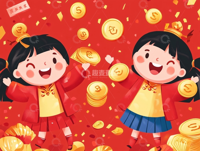 高清大图下载【趣麦麦图】恭喜发财暴富插画