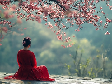 赏花红衣姑娘背影