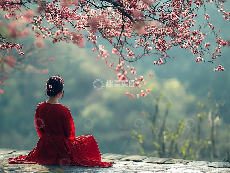 高清大图下载【趣麦麦图】赏花红衣姑娘背影