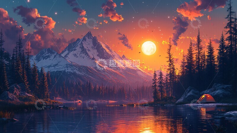 高清大图下载【趣麦麦图】雪山湖畔露营图1