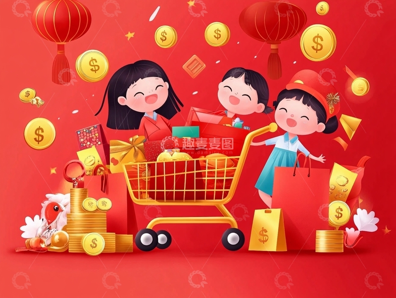 高清大图下载【趣麦麦图】买年货插画1