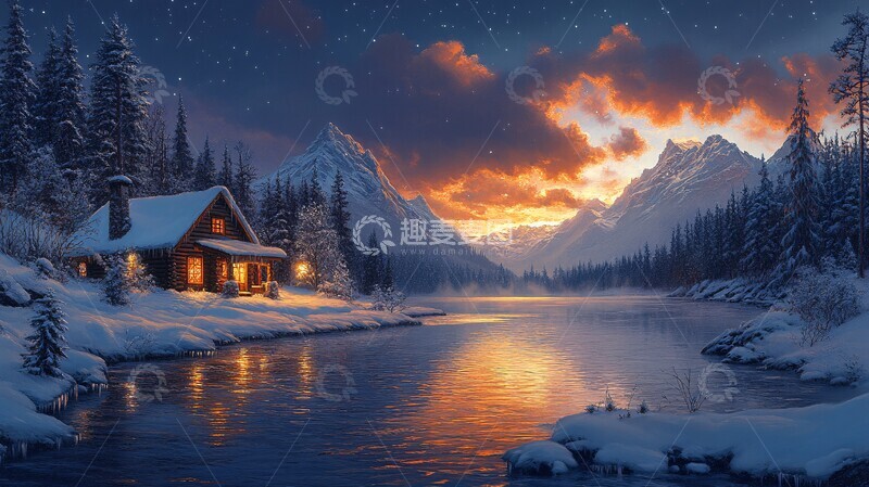 高清大图下载【趣麦麦图】下雪冬天湖边的房屋3