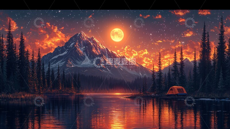高清大图下载【趣麦麦图】露营湖畔月色