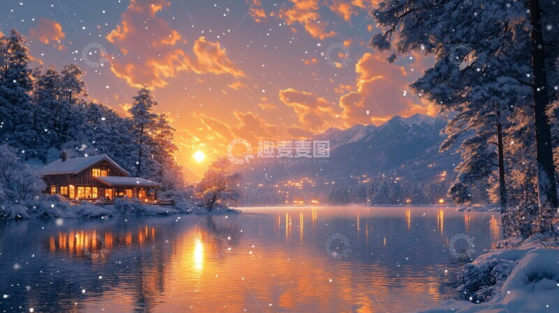 高清大图下载【趣麦麦图】下雪冬天湖边的房屋