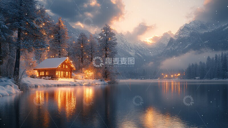 高清大图下载【趣麦麦图】雪山中的小木屋