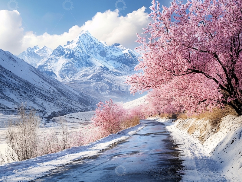 高清大图下载【趣麦麦图】雪山田园桃花1