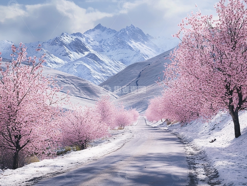 高清大图下载【趣麦麦图】雪山田园桃花2