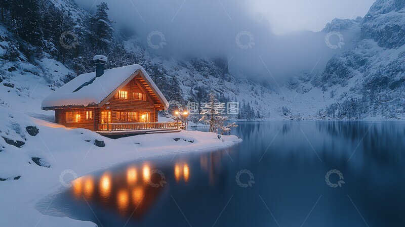 高清大图下载【趣麦麦图】雪山中的小木屋3