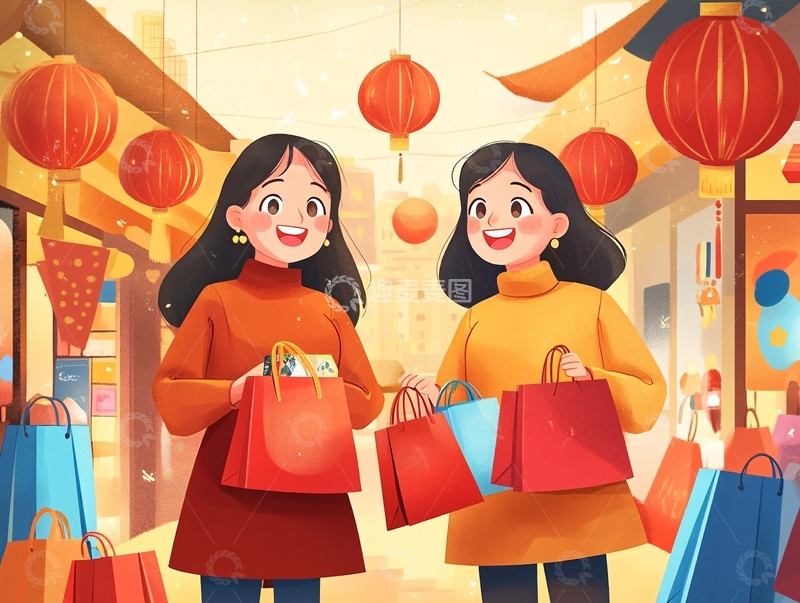 高清大图下载【趣麦麦图】买年货插画3