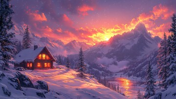 风景插画充满梦幻色彩的房屋