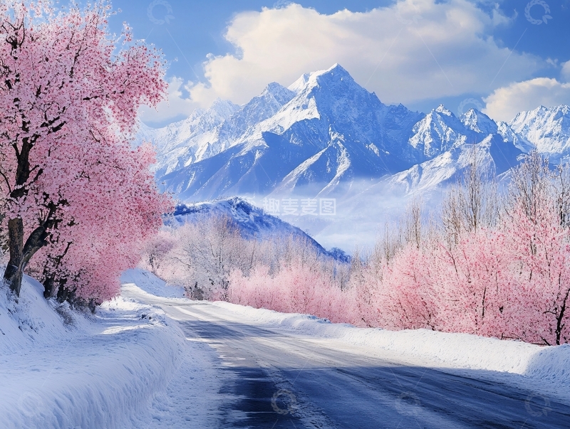 高清大图下载【趣麦麦图】雪山田园桃花