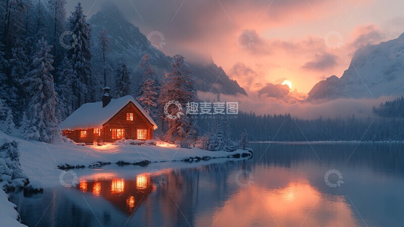 高清大图下载【趣麦麦图】雪山中的小木屋1