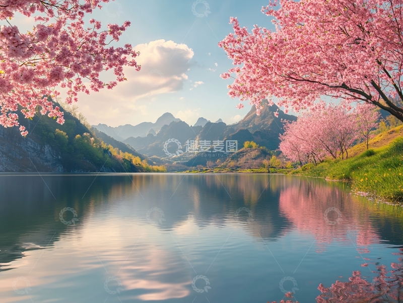 高清大图下载【趣麦麦图】春花灿烂的湖面