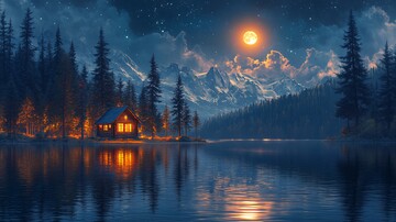 湖畔树影户外小屋蓝色