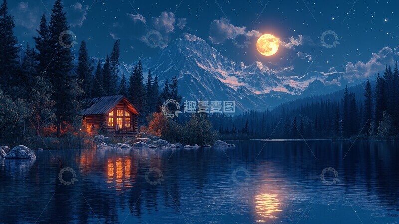 高清大图下载【趣麦麦图】自然风景夜晚月亮小木屋蓝色卡通插画背景1
