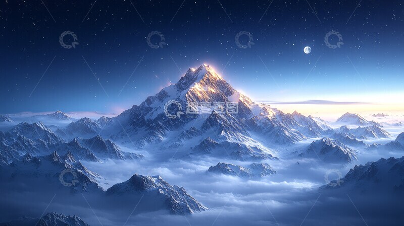 高清大图下载【趣麦麦图】冬天夜晚的月光照在雪山上自然风景背景