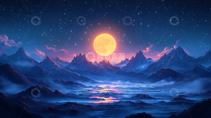 高清大图下载【趣麦麦图】月光下自然风景卡通插画背景