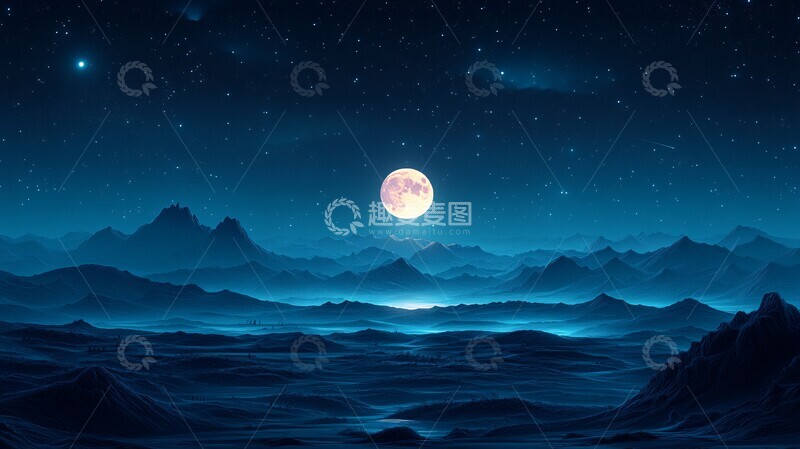 高清大图下载【趣麦麦图】月光下自然风景卡通插画背景3