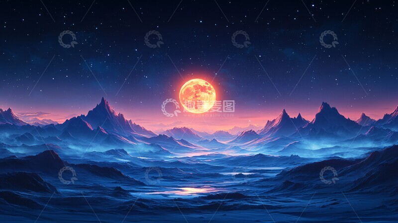 高清大图下载【趣麦麦图】月光下自然风景卡通插画背景2