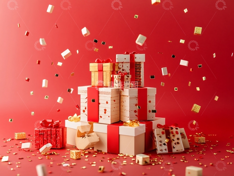 高清大图下载【趣麦麦图】红飘带礼盒烟花楼群2