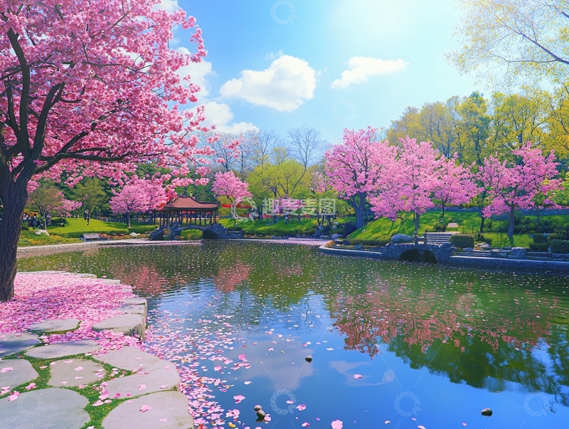 高清大图下载【趣麦麦图】樱花水塘风景
