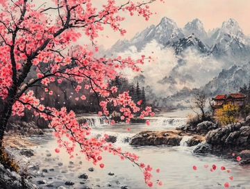 桃花风景油画5