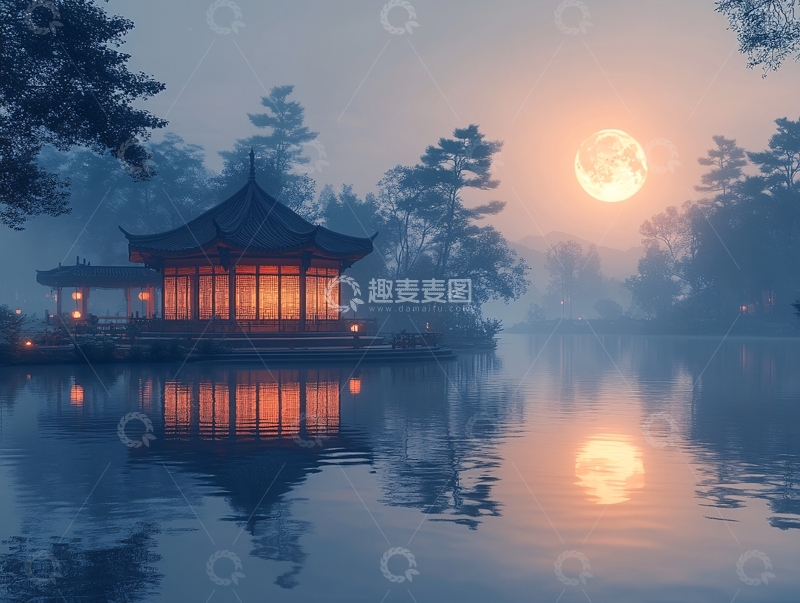 高清大图下载【趣麦麦图】中秋月夜灯笼亭