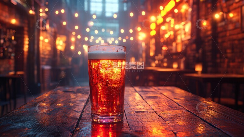 高清大图下载【趣麦麦图】木桌上啤酒杯的特写镜头1
