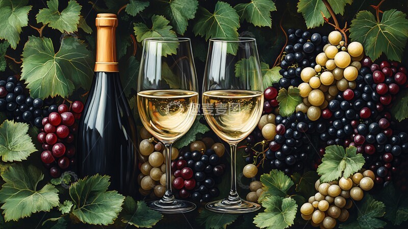 高清大图下载【趣麦麦图】葡萄叶间的酒瓶1