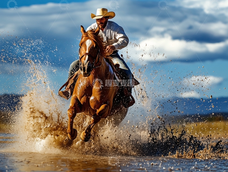 高清大图下载【趣麦麦图】骑马趟水